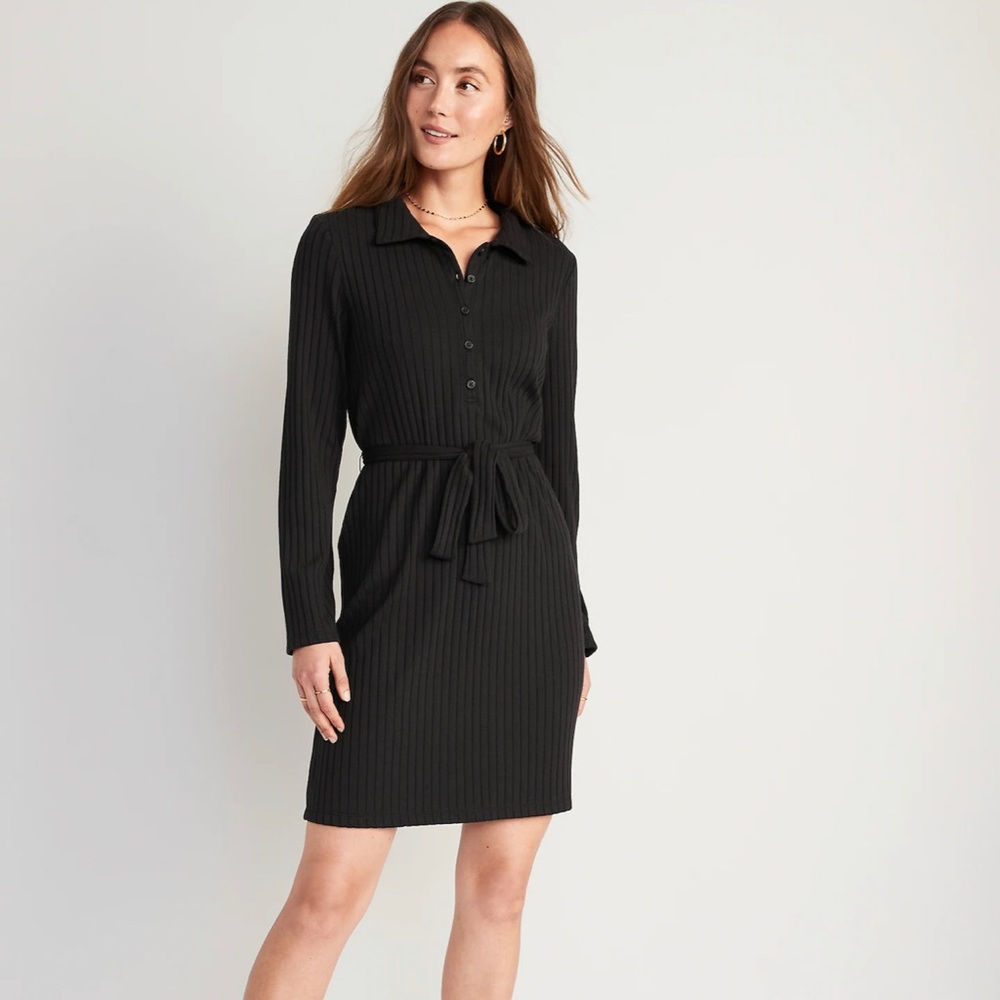 Fitted Rib-Knit Tie-Belt Long-Sleeve Mini Polo Dress for Women (S) worn once
